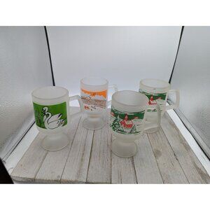 Set 4 Tiara Indiana Glass Satin Frosted Decorated 1982 Collectible Footed Mugs